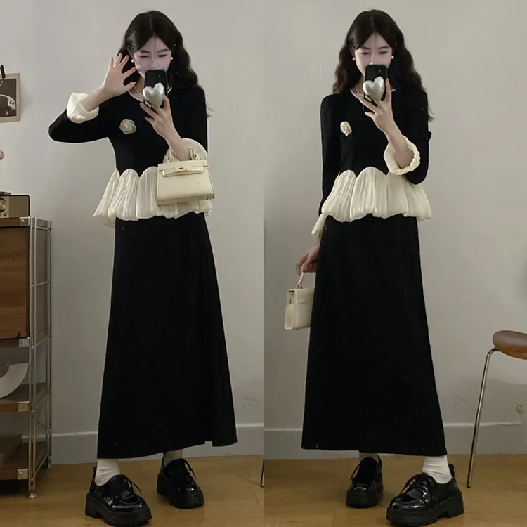 大码胖mm新款名媛风修身显瘦拼接蕾丝半身裙两件套装女