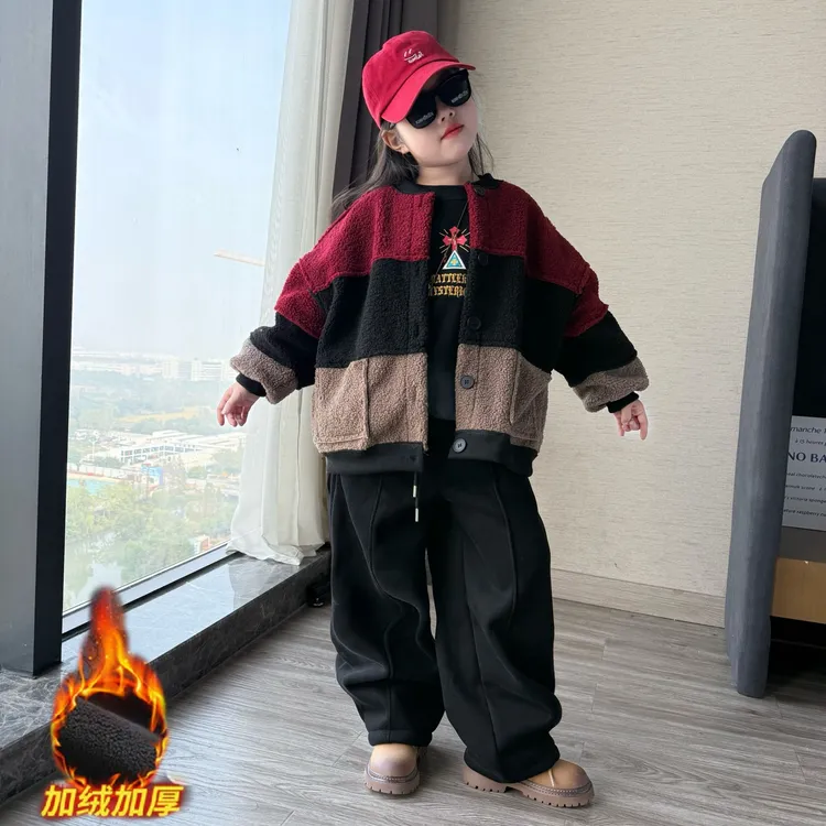 女童秋冬季韩版洋气三拼色毛毛衣外套中大儿童一体绒加厚百搭卫裤