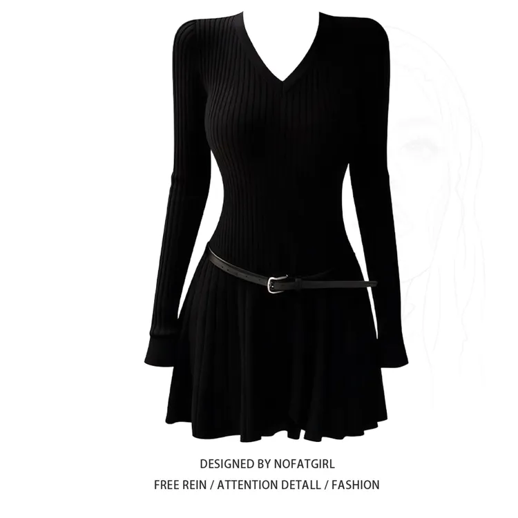大码胖MM法式黑色V领长袖针织连衣裙女秋冬新款修身收腰百褶短裙