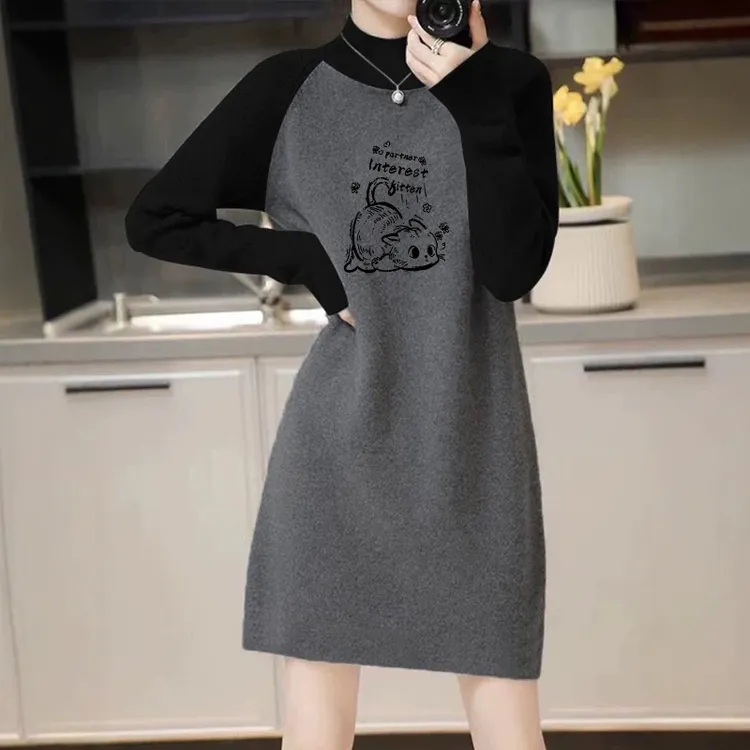 欧货双面德绒保暖宽松显瘦创意字母印花中长款遮臀女装长袖打底衫