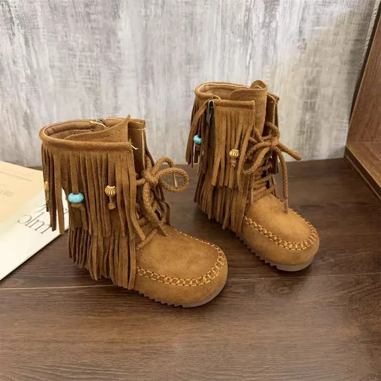 2025秋季款儿童靴子韩版女童侧拉链时尚靴中大童女孩流苏公主靴