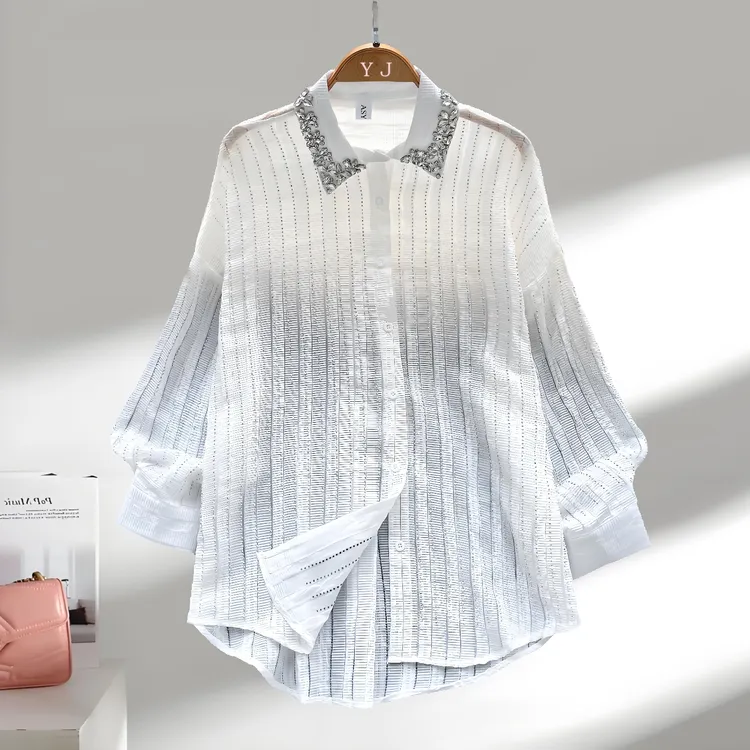 法式重工钉珠翻领长袖烫钻条纹衬衫2025秋季宽松上衣洋气衣服女