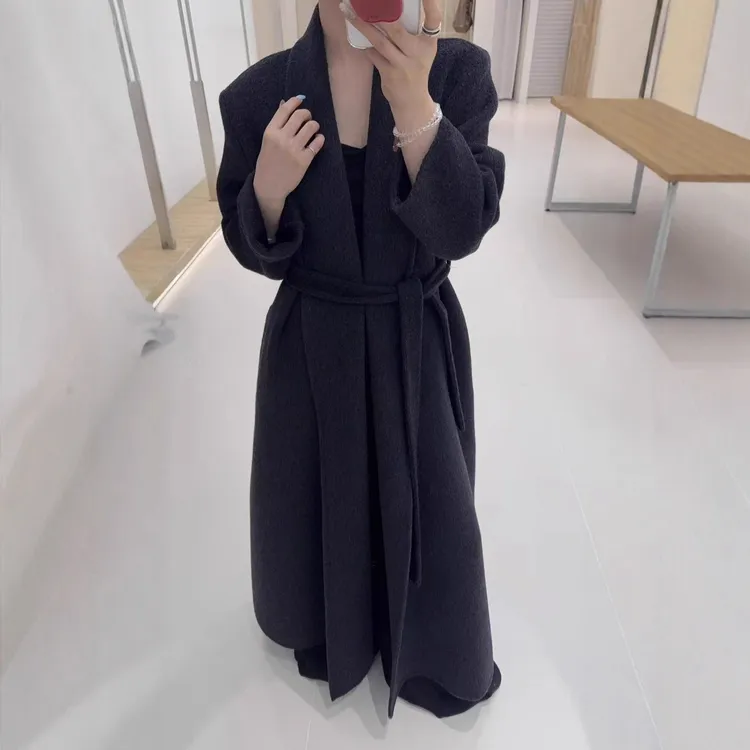 2025新品高贵气质双面羊毛大衣秋冬长款浴袍翻领系带时尚毛呢外套