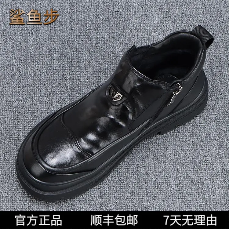 鲨鱼步高帮棉鞋男款冬季2025新款保暖加绒皮鞋男真皮软底拉链鞋子
