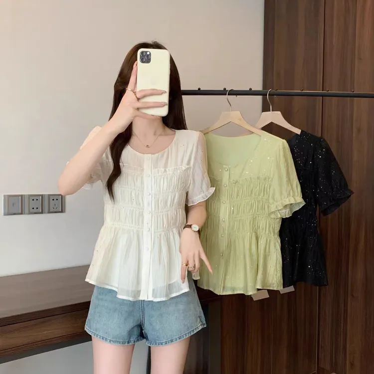 大码法式短袖衬衫女夏季2025新款胖MM显瘦遮肚甜美泡泡袖0416