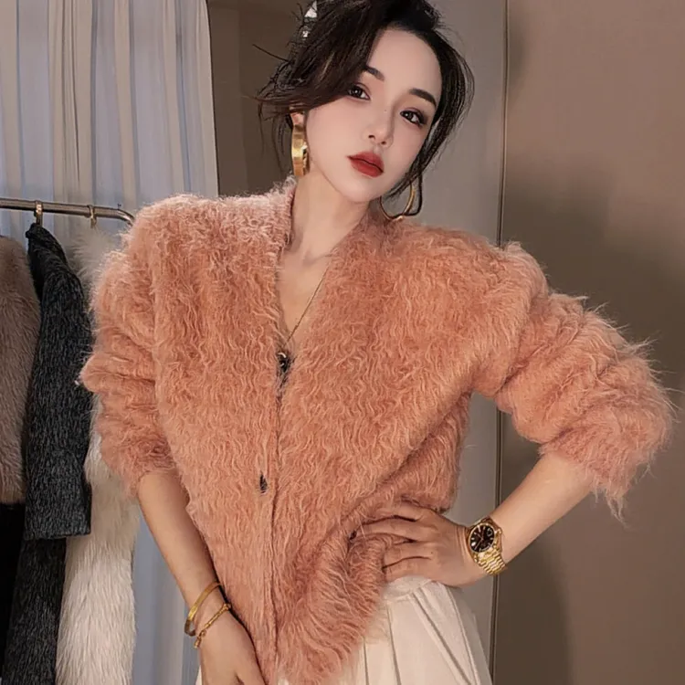 莎火火-v领加厚毛毛混纺拉绒软糯慵懒显瘦毛衣上衣女外套565