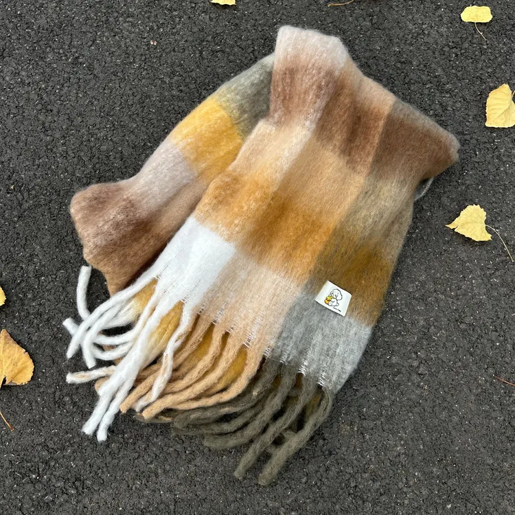 Honey Puppy琥珀流光美拉德黄格子流苏围巾保暖情侣披肩围脖男女