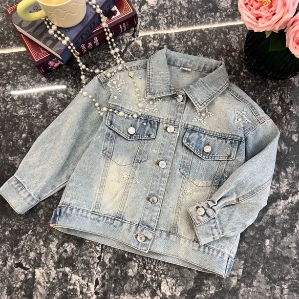 儿童重工牛仔衣外套珍珠水钻中大童春秋洋气百搭时尚女童春款