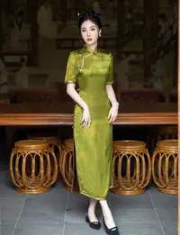 【按编号拍】衣服/S-4XL衣长125后拉链修身款旗袍断码高货气质绿色