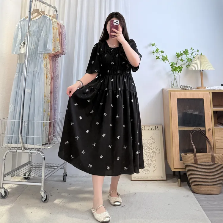 夏季新品【北海花园】白色蝴蝶结简约气质松紧高腰显瘦大码连衣裙