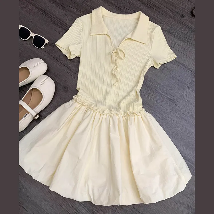 2025年夏季新款黄色polo领短袖连衣裙子女温柔风收腰花苞短裙3625