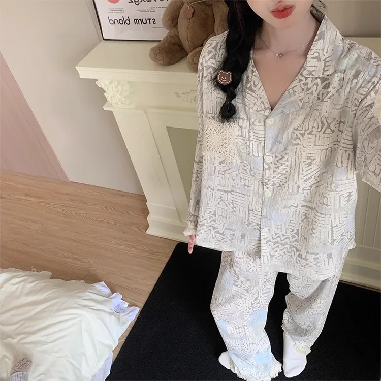 高级感格纹睡衣女春秋季2025新款长袖流苏云朵棉网红风家居服套装
