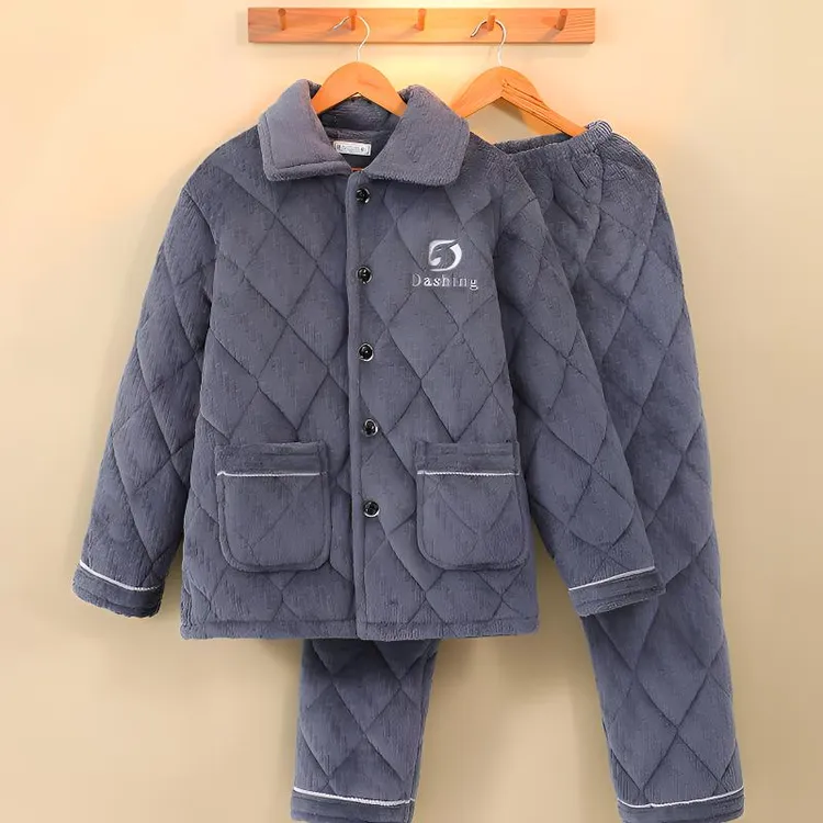 三层夹棉睡衣男冬季加厚加绒保暖中老年爸爸冬款珊瑚绒家居服套装