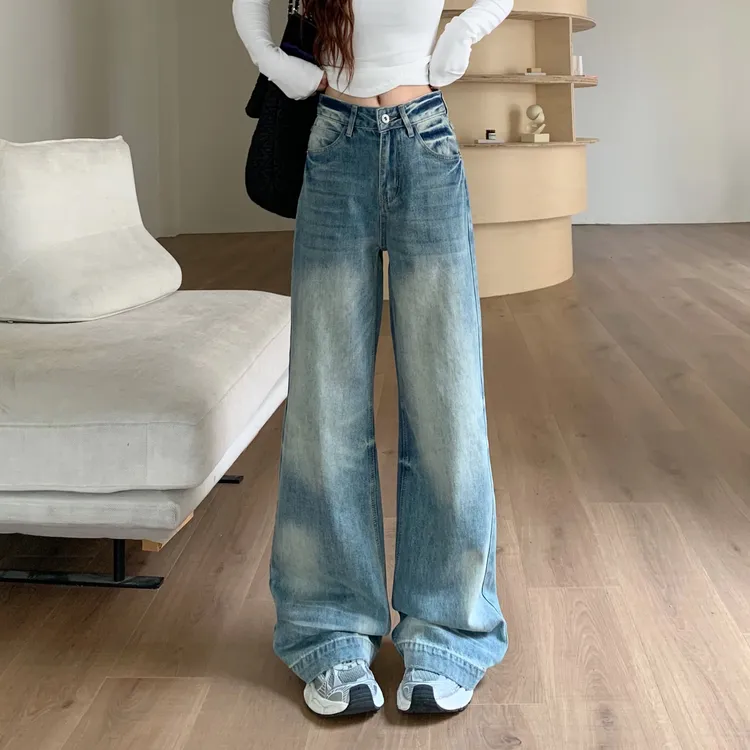 3MER 直筒水洗牛仔裤女2025秋季新款美式蓝色宽松阔腿裤子