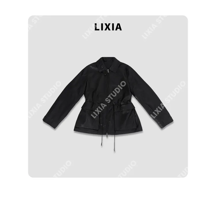 LIXIA【法式情怀】法式老钱轻奢风全植鞣绵羊皮抽绳腰款皮衣-D9682