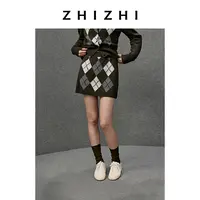 致知 珍珠令 miu系撞色羊毛菱格复古A字半裙25新款ZZ2EWKBL026