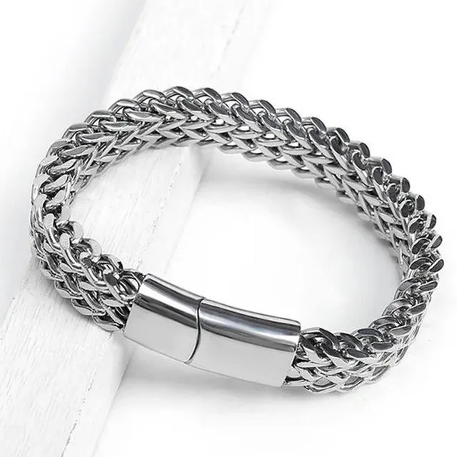 12mm宽时尚男士不锈钢手炼编织双排正反龙骨磁铁扣钢炼钛手炼