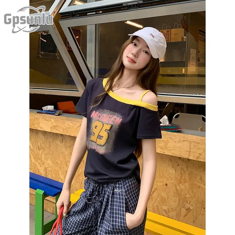 gpsunlu斜领露肩吊带短袖女夏季新款设计感修身显瘦辣妹短款上衣