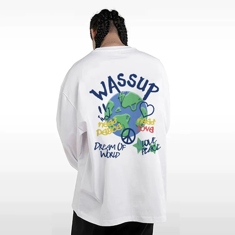 WASSUP地球涂鸦美式重磅长袖T恤男春秋潮流百搭打底圆领体恤上衣