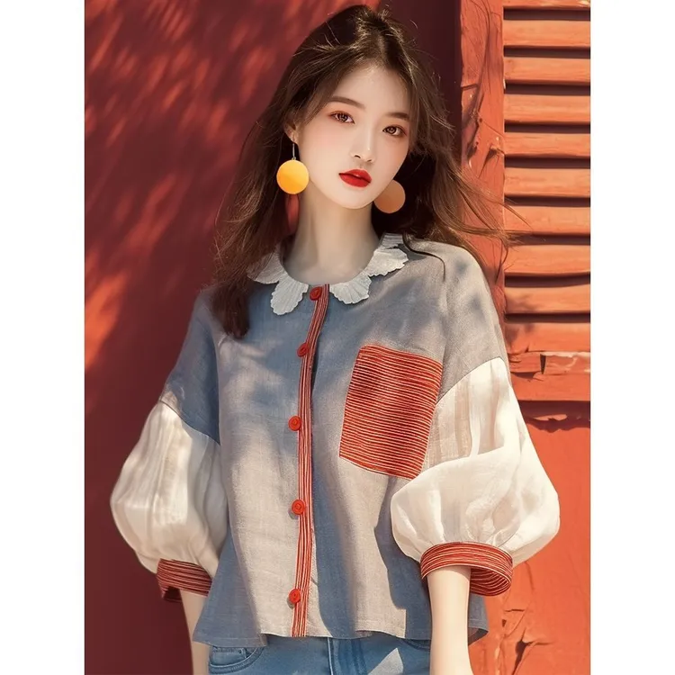 衬衫灯笼袖小众长袖早秋独特上衣2024蓝色衬衣上装韩系新款超好看