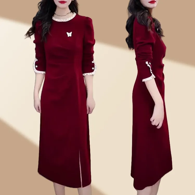 2025春秋新款时尚气质拼接褶皱长袖连衣裙女显瘦中长款纯色休闲裙