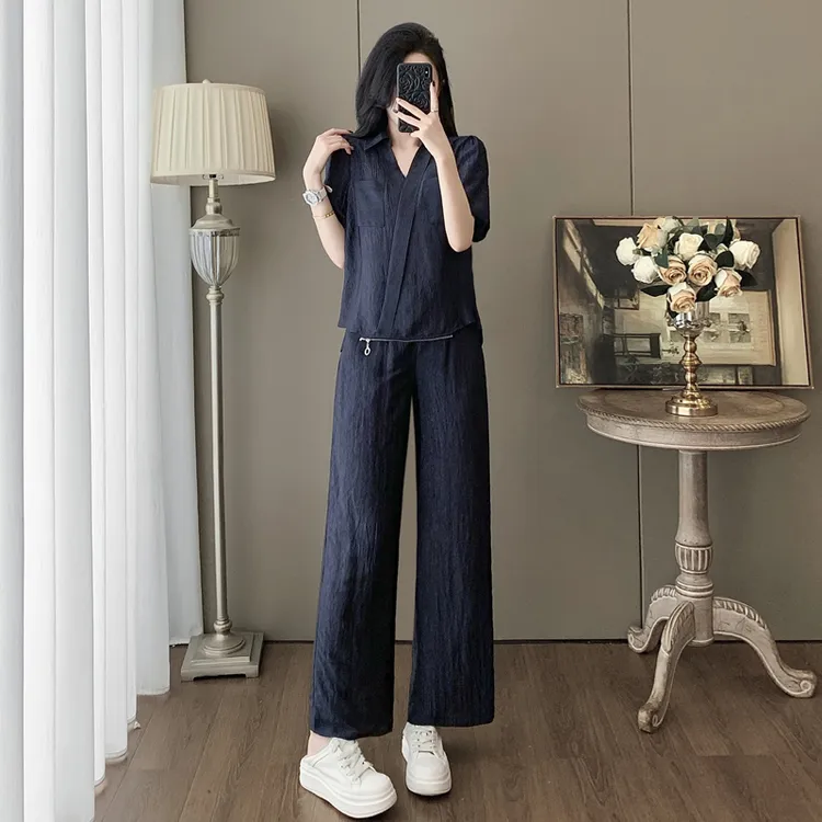 时尚休闲套装女夏季新款洋气质显瘦翻领短袖衬衫垂感阔腿裤两件套