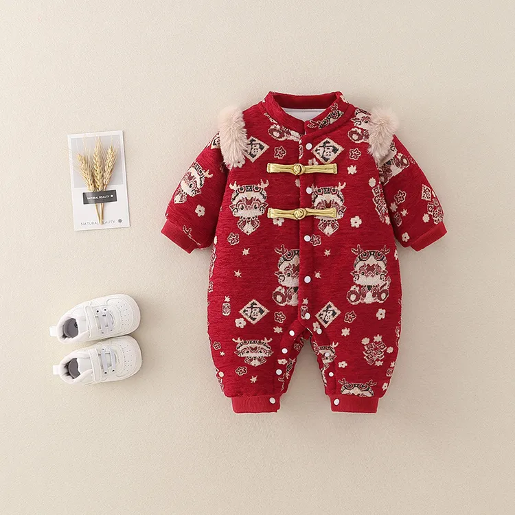 婴儿红色连体衣冬款哈衣加厚夹棉闭档宝宝满月百日宴童装衣服