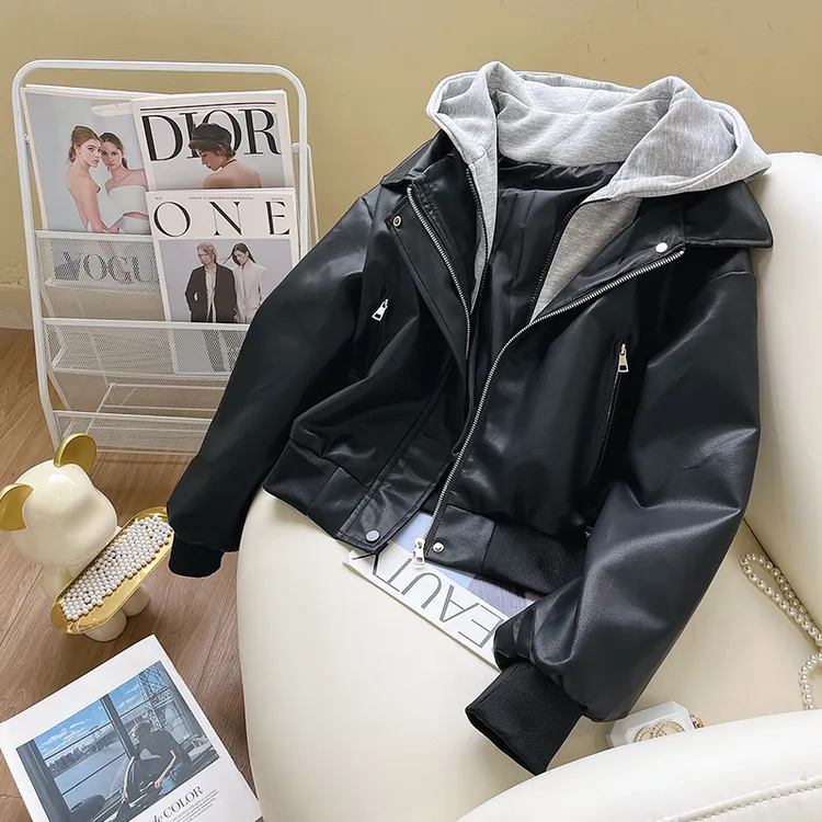 韩国chic秋冬小众复古双拉链休闲宽松百搭假两件连帽皮衣夹克外套