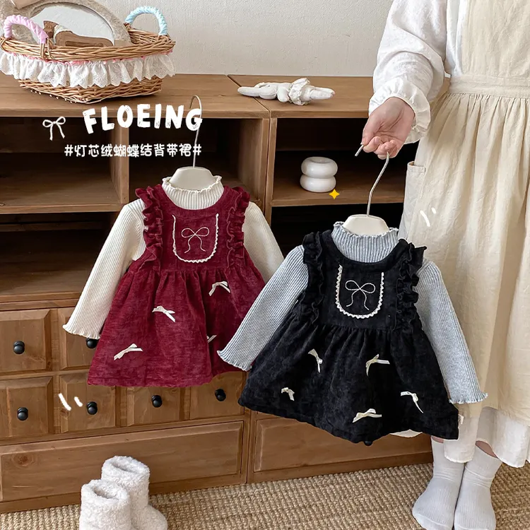 女童丝绒连衣裙2025新款冬季宝宝韩版蝴蝶结加绒裙子儿童公主裙潮