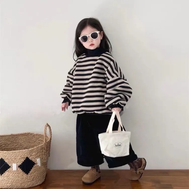 儿童加绒套装2025秋冬新款韩版男女童中性复古条纹高领卫衣直筒裤