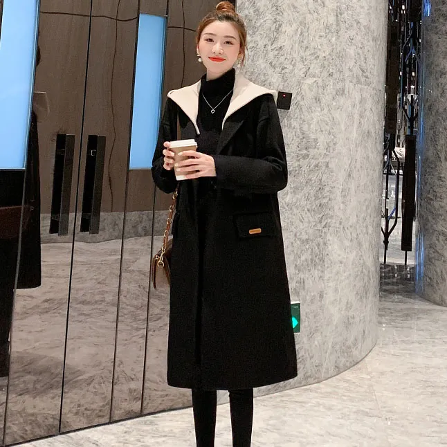 长款中长款秋冬呢大衣时尚加厚毛呢外套宽松保暖连帽