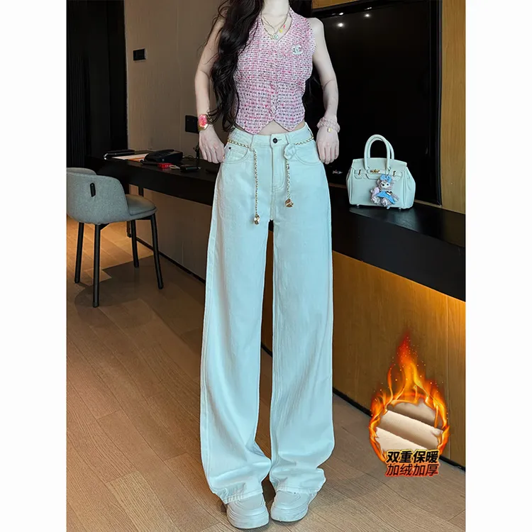小香风白色加绒阔腿牛仔裤女2025冬季新款菱形格纹山茶花链条裤