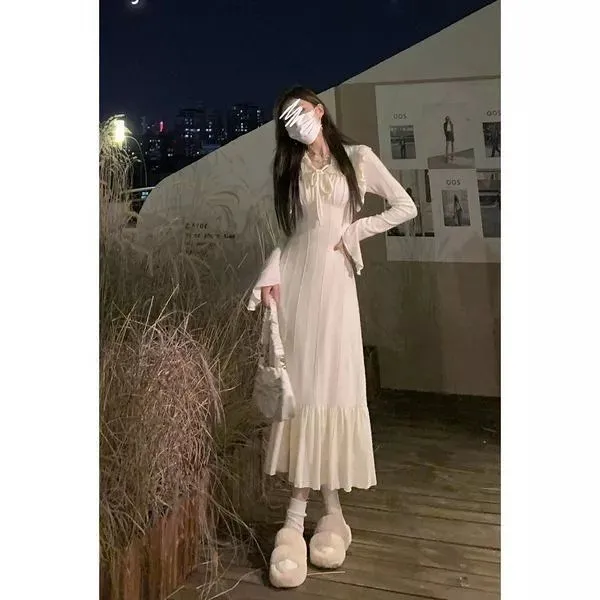 修身御姐感荷叶边长袖连衣裙女秋冬新款绑带学院风气质长裙女