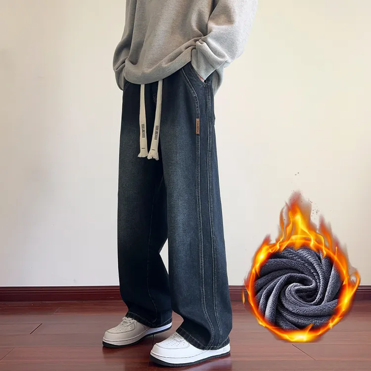 秋冬季新款加绒牛仔裤男款水洗宽松直筒休闲长裤潮流美式高街裤子