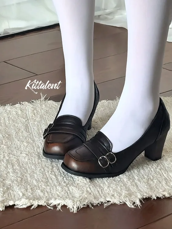 Kittalent｜6cm擦色复古高跟鞋2025新款中古粗跟小皮鞋女鞋