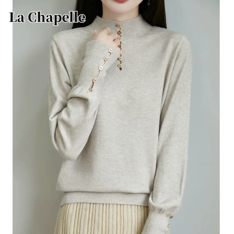 拉夏贝尔秋冬两面可穿半高领针织打底衫保暖内搭洋气毛衣精纺毛衫