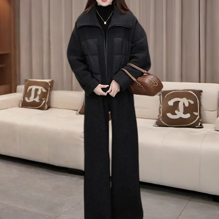 时尚减龄套装女秋冬舒适保暖拉链翻领棉服外套宽松显瘦长裤两件套