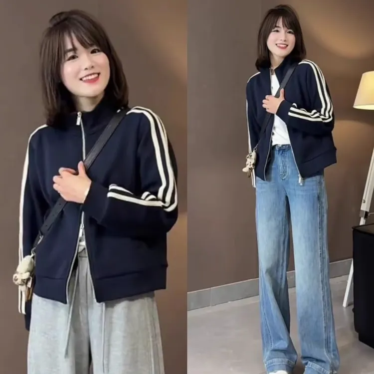 美式爆款立领三道杠棒球服短外套女2025秋季新款高级休闲运动上衣