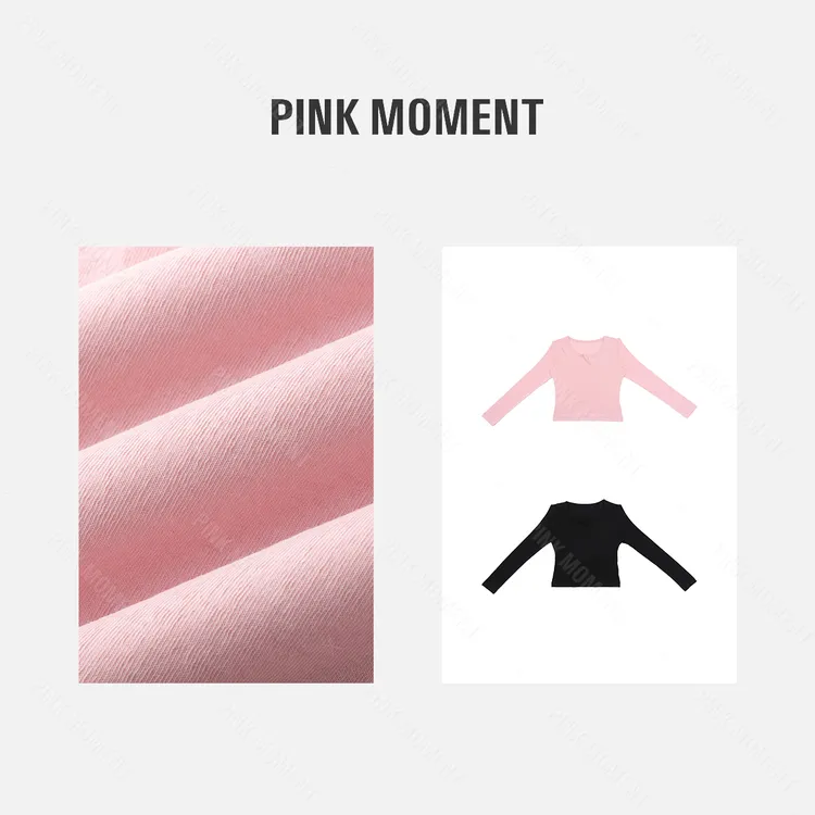 PM王囡囡 黑/粉净色前小开叉设计长袖休闲T恤 ND1C1329