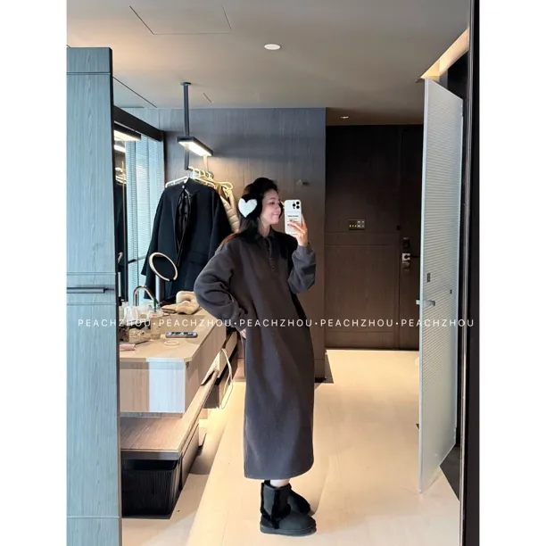 『PEACHZHOU』双面颗粒绒POLO懒人裙慵懒松弛宽松休闲长款连衣裙