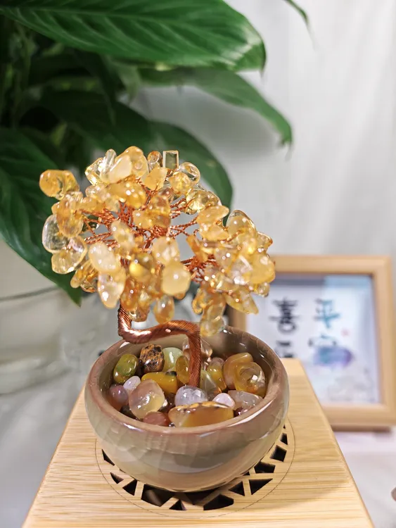 天然黄水晶发财树摆件造型树桌面书房办公室礼物招财黄水晶摆件