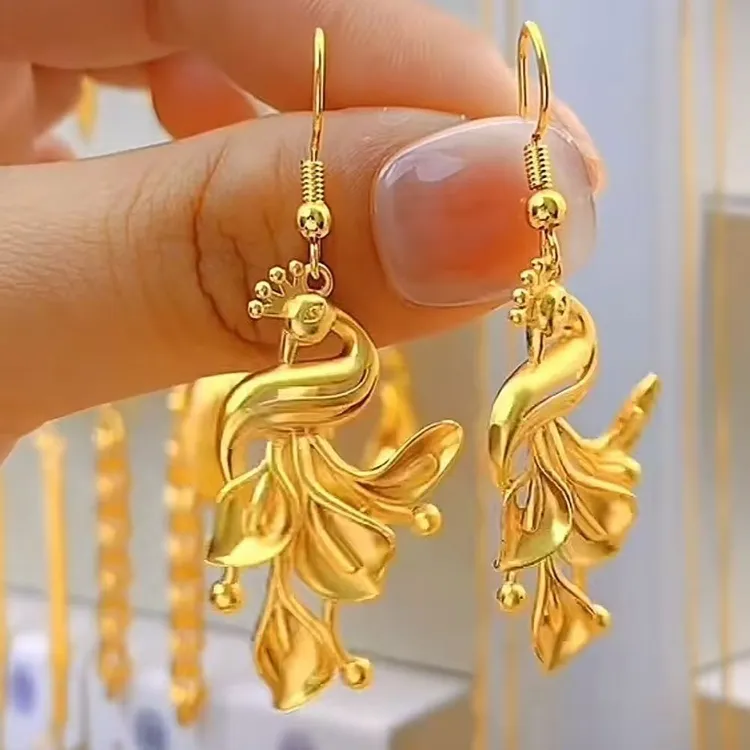 金色24k耳饰9999黄金色孔雀耳环女款百搭气质耳坠送妈妈节日