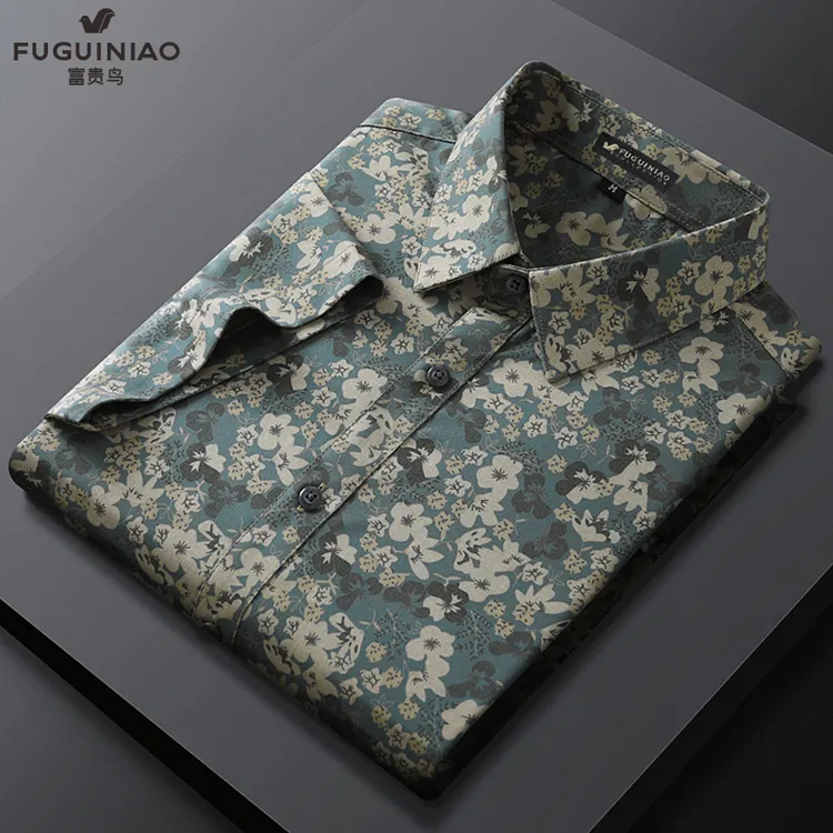 FUGUINIAO/富贵鸟男士短袖衬衫中国风轻奢花型夏季印花休闲衬衣男