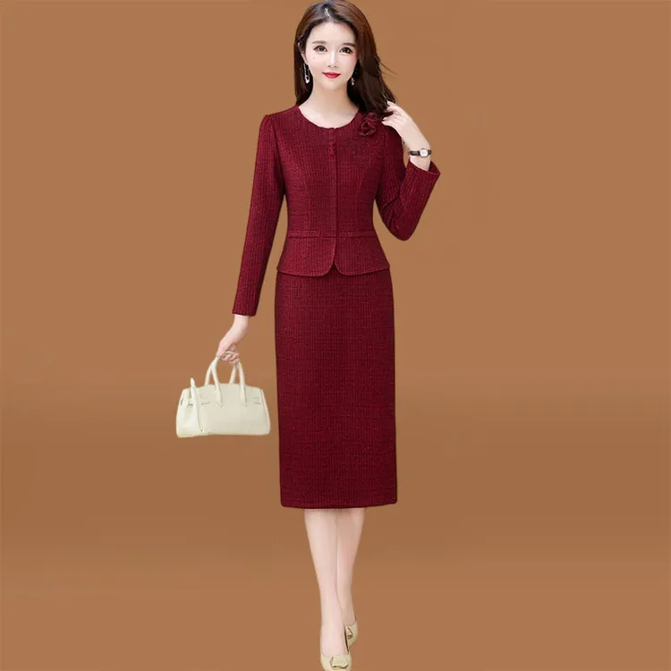 喜婆婆婚宴装礼服广州十三行红色长袖连衣裙假两件套装女春秋妈妈