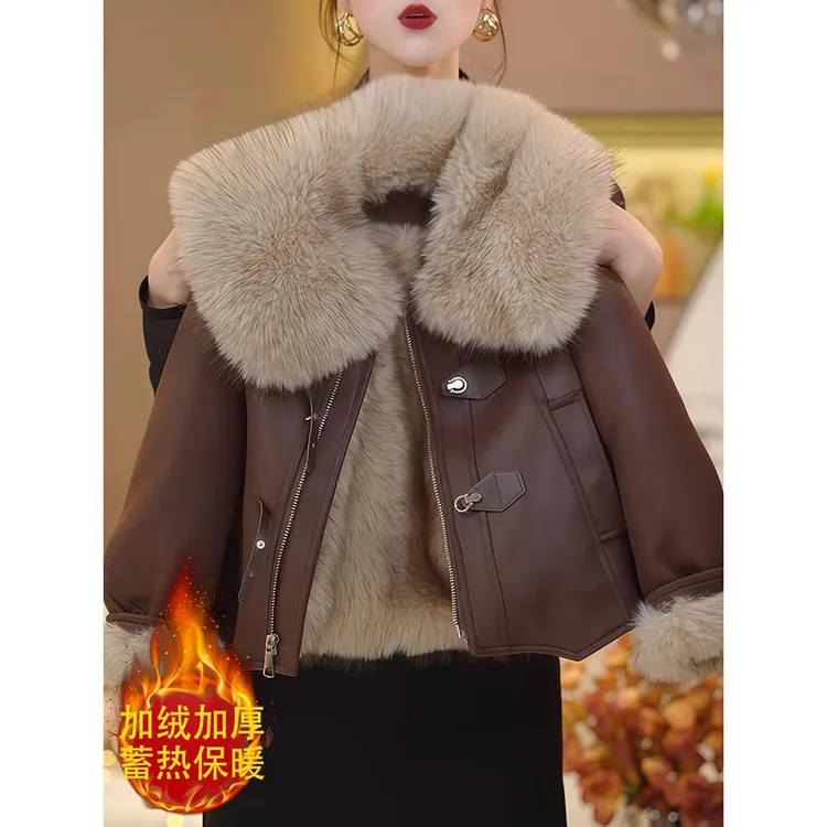 12岁女童服女童加绒皮衣派克服秋冬2025新款免洗双面穿翻领服毛毛