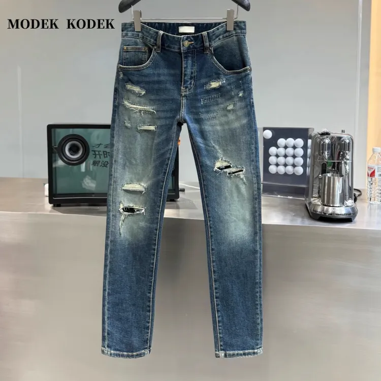 MODEK KODEK高品质破洞修身小脚牛仔裤男士春夏复古休闲水洗长裤