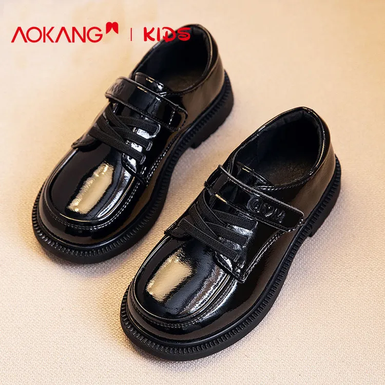 奥康男童小皮鞋软底春秋黑色真皮儿童单鞋子英伦风学生亮面演出鞋