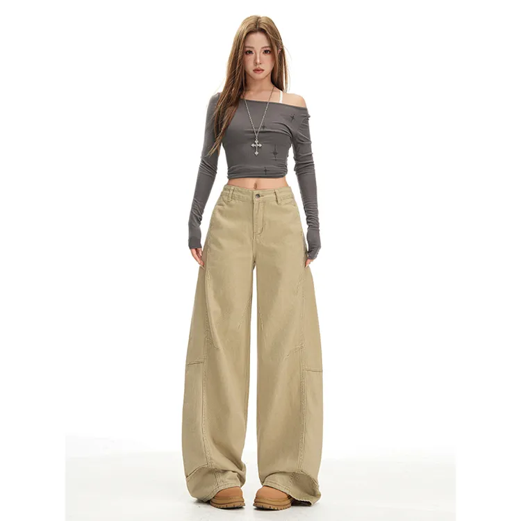 卡其色阔腿牛仔裤女秋季2025新款美式工装设计感宽松直筒裤子