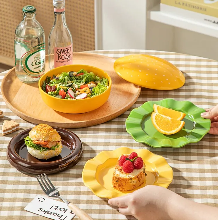 家用陶瓷沙拉甜品点心盘精致漂亮的盘子碗可爱餐具汉堡王碗盘套装