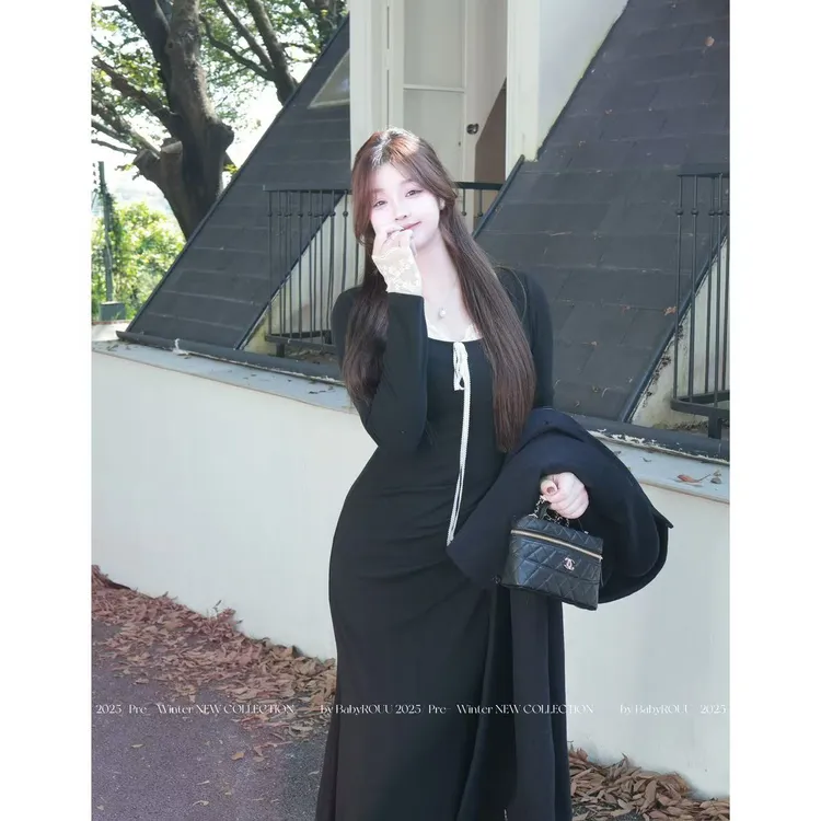 【显瘦方程式】温与柔赫本风复古小众设计感气质修身显瘦长袖裙子